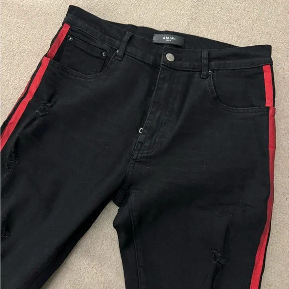 Amiri Jeans 34 Glitter Track Jeans Black With Red Stripe Men's Skinny Distressed - Picture 2 of 14